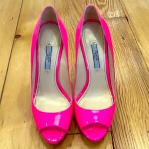 Hot pink Prada peep toe platform heels
